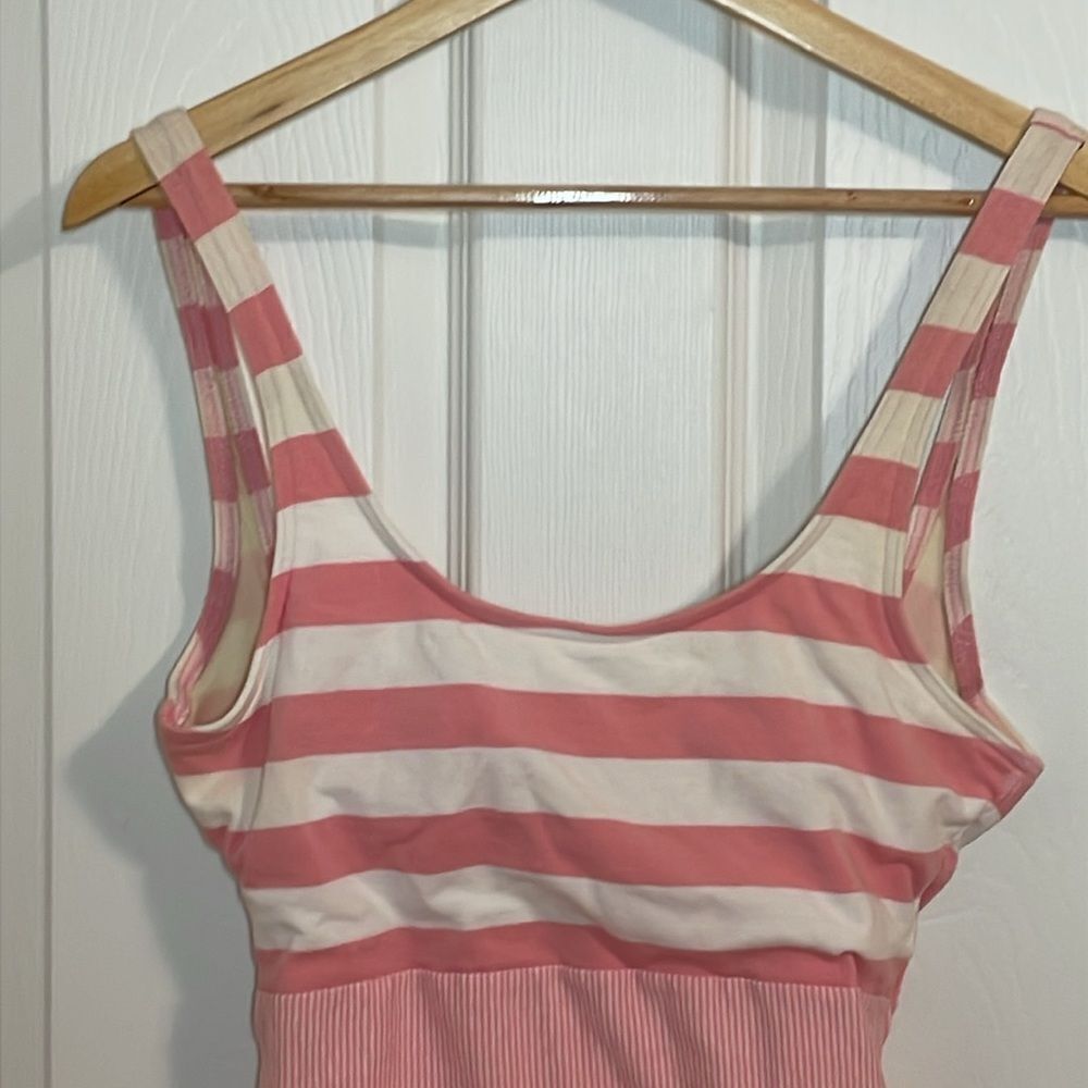 90s Pink Swimsuit, vintage Jantzen Striped Tank style Suit, cotton Lycra, 12 - Picture 4 of 10